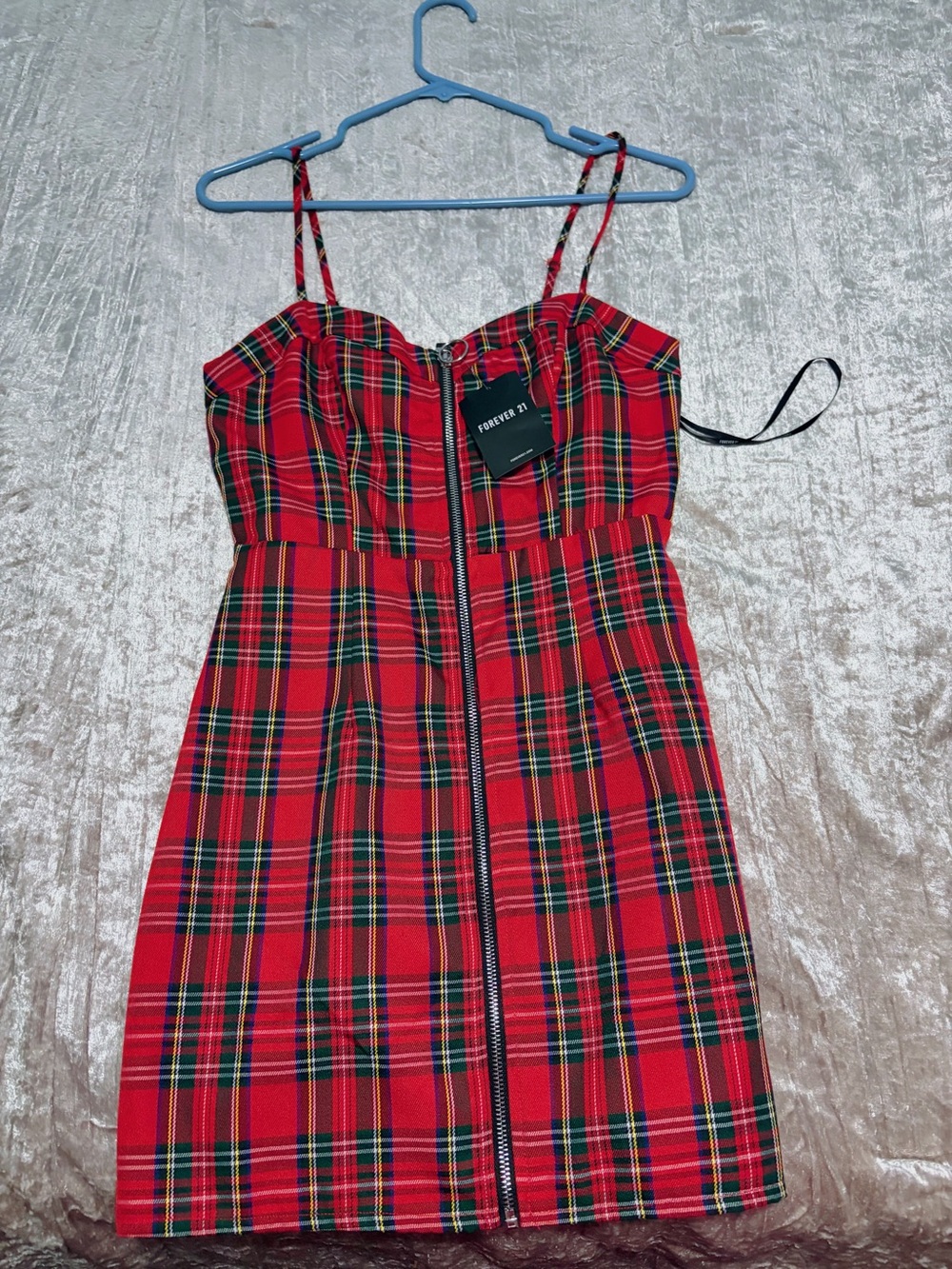Forever 21 Red Plaid Zip-Front Mini Dress with Thin Straps
